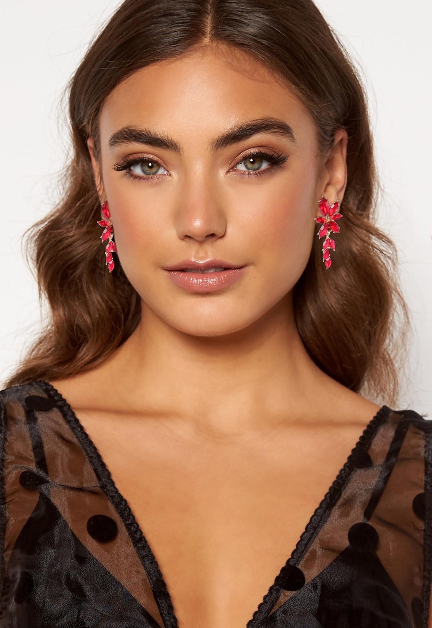 ATIMIGO Elegant Red Rhinestone Dangle Earrings Cluster Crystal Wedding Bridal Earrings for Brides Bridemaids Formal Prom Statement Drop Earrings for Women