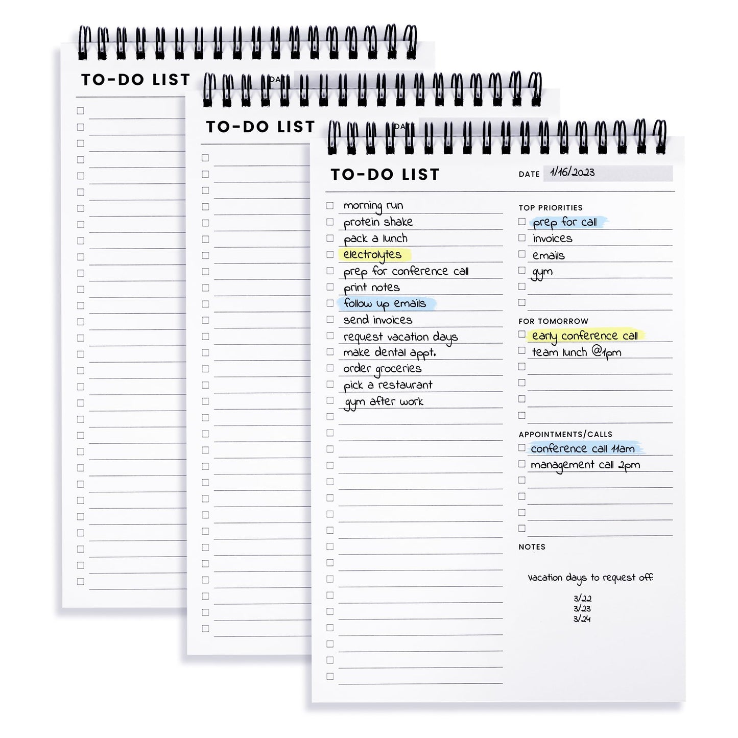 To Do List Notepad 3 Pack: Has Multiple Functional Sections - 6.5 x 9.8" 60 Sheets - Spiral Daily Planner Notebook - Task Checklist Organizer Agenda Pad for Work, Note and Todo Organization