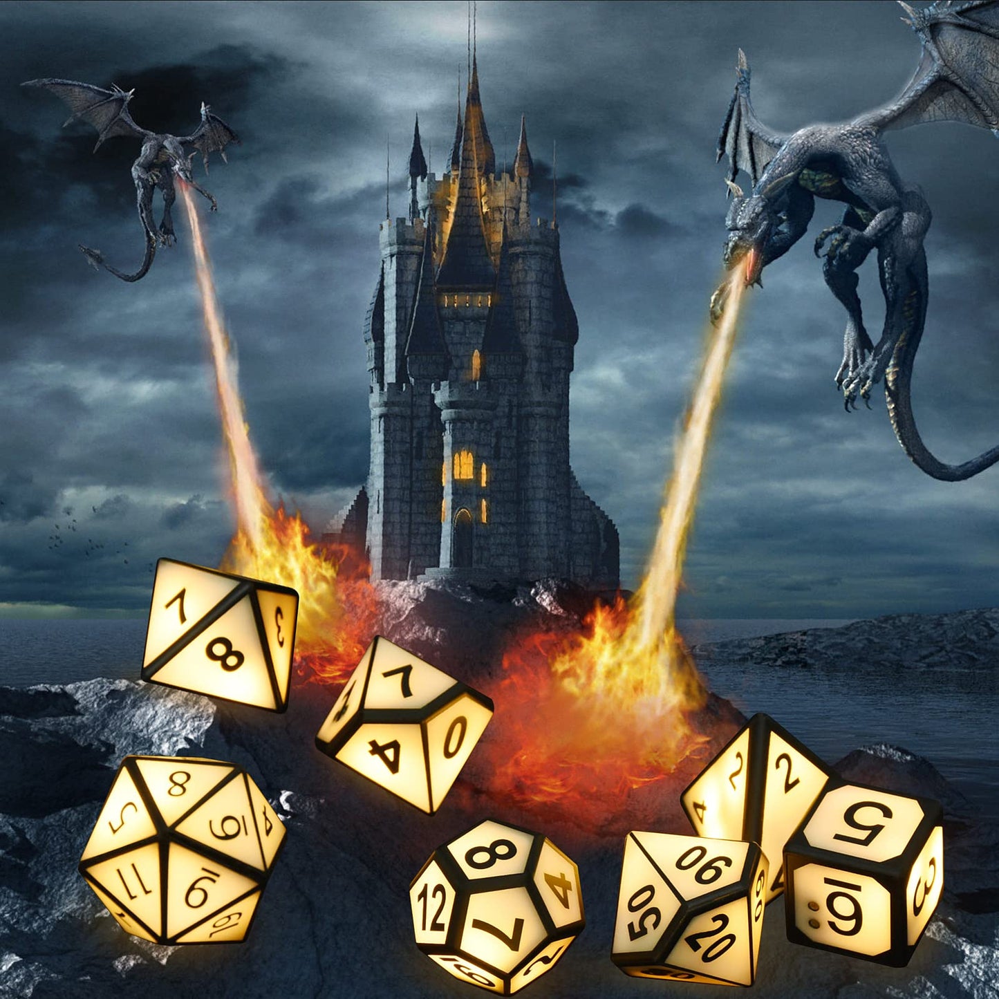 HTPOW Light Up DND Dice Set of 7 USB Rechargeable Role Playing Dice with Charging Box, Valentine's Day Gift Shake to Light up LED Dice for Dungeons and Dragons Role Playing Tabletop Games