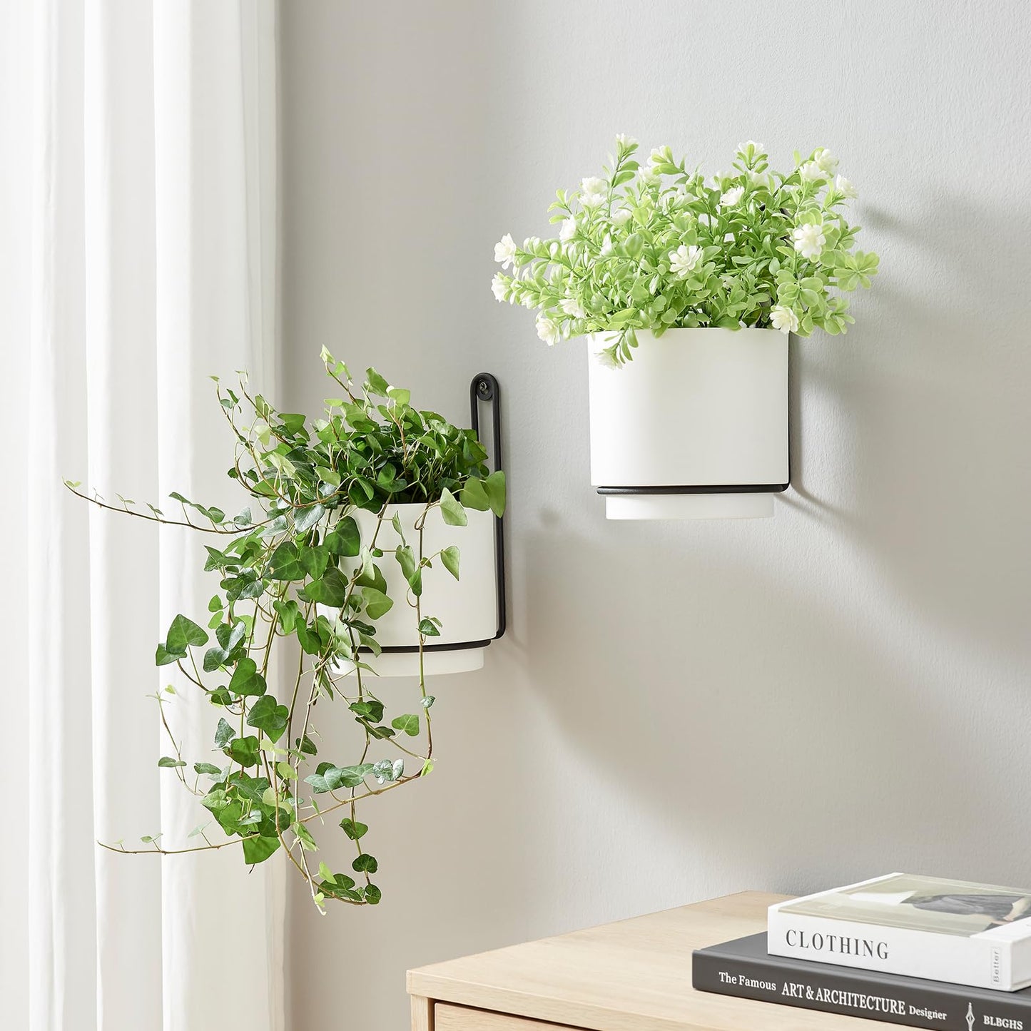 CISEANOL 2 Pcs Wall Mounted Hanging Planter Vase for Indoor and Outdoor Plants Modern Metal Wall and Ceiling Planter Minimalist Flower Pot (White, 5.91 inch)