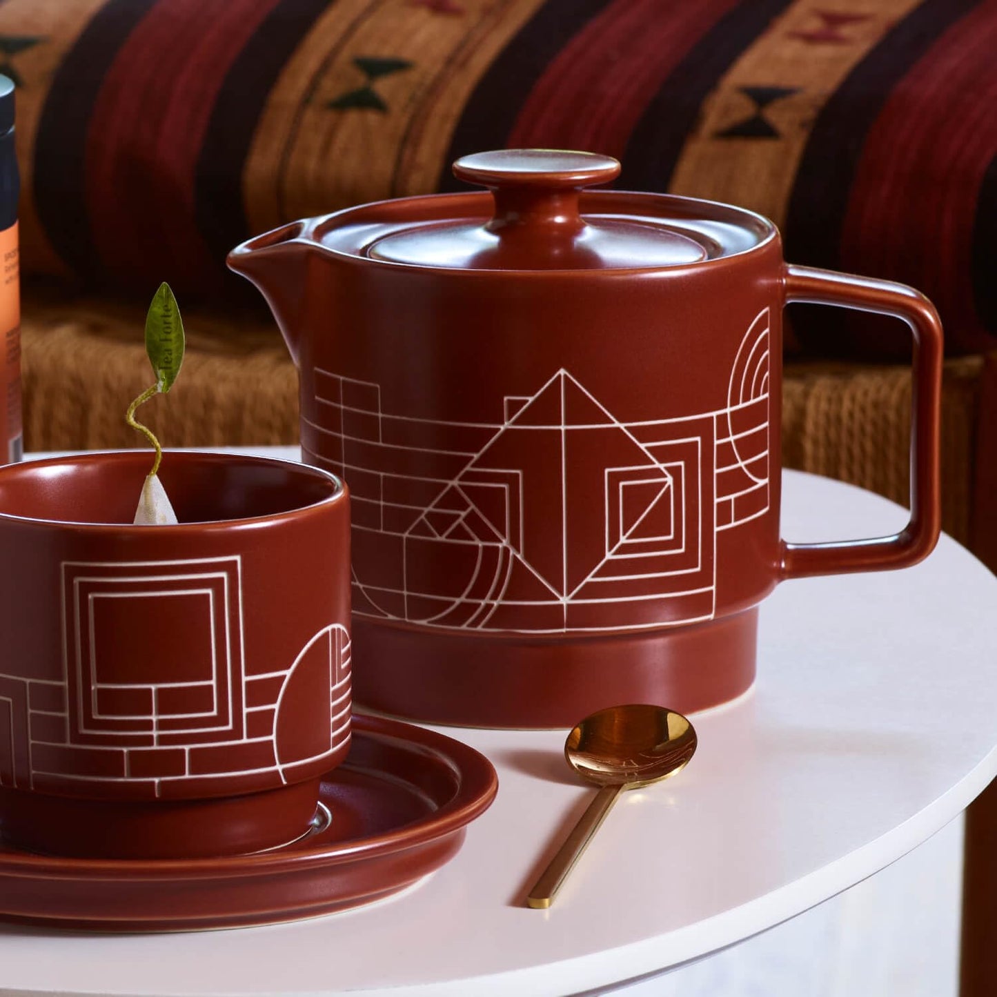 Tea Forte Ceramic Teapot with Removable Stainless Steel Infuser Basket and Lid, Steeps 24 oz. Loose Leaf Tea, Dishwasher & Microwave Safe, Gifts for Mom, Terra - Frank Lloyd Wright