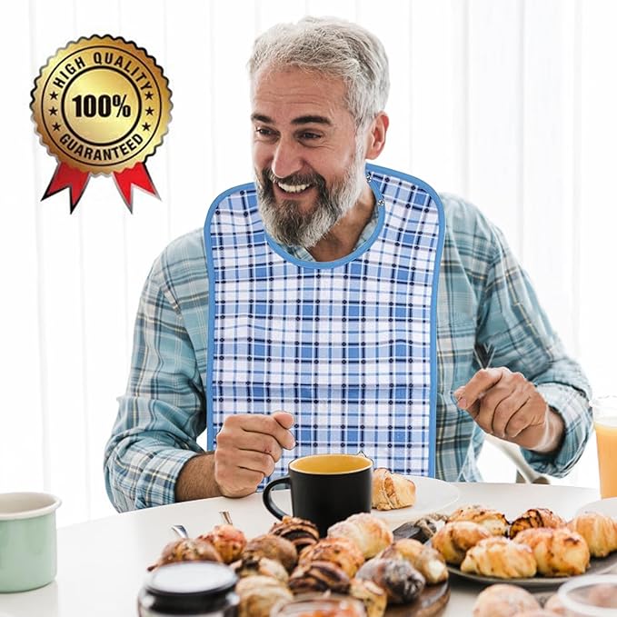 Adult Bibs, 3-Pack Washable Waterproof Clothing Protector for Men, Women, Elderly Seniors - Reusable Large Feeding Bibs