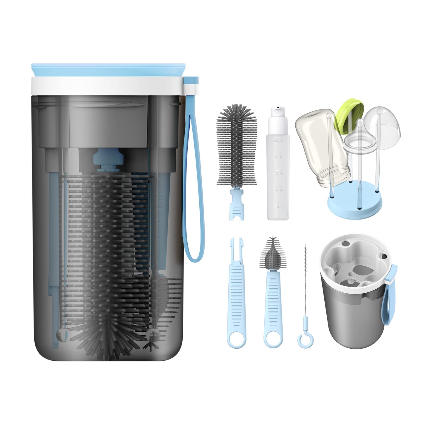 YOTIME Travel Bottle Brush Set, 6in1 Bottle Cleaning Kit with Silicone Bottle Brush, Nipple Cleaner Brush, Straw Brush, Soap Dispenser, Bottle Drying Rack and Storage Box, Blue