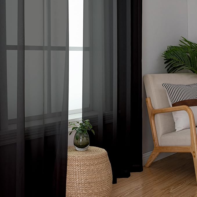 Simplebrand Black Sheer Curtains 96 Inches Long, Light Filtering Rod Pocket Solid Color Window Sheer Curtain Panels, Elegant Curtains & Drapes for Living Room, Bedroom 2 Panels (Black, 59" W x 96" L)