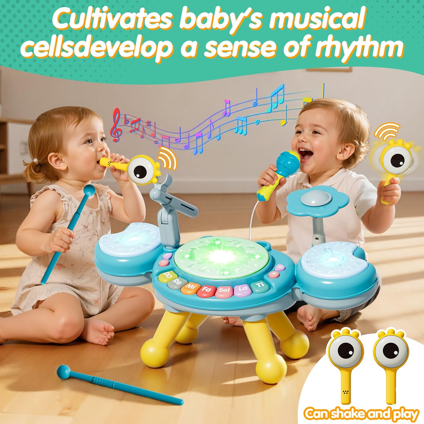 Toddler Drum Set for Kids 1-3, Baby Drum Set 1 Year Old with Light-Up Microphone, Musical Instruments Montessori Learning Toys for 6 9 12 18 Months, Birthday Gift for Boys Girls (BLUE)