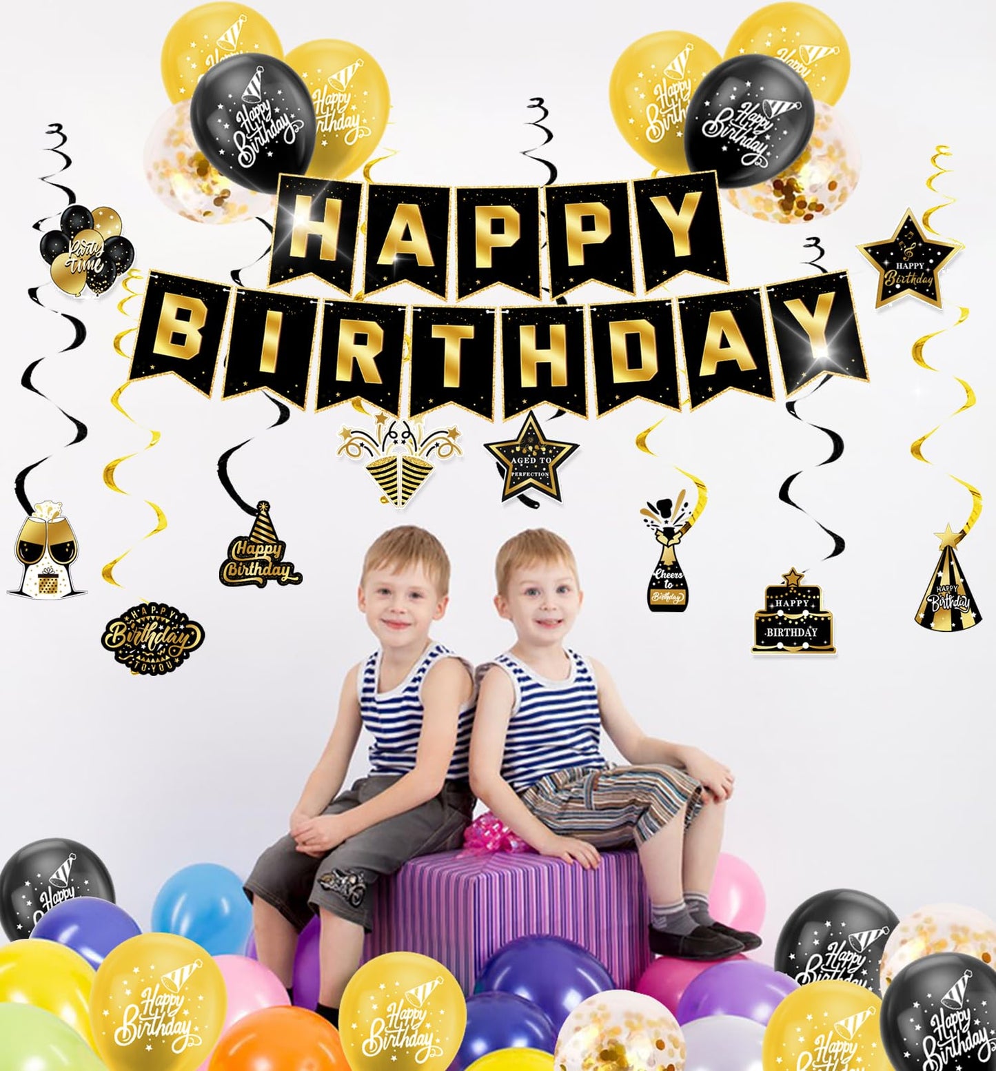 Black Gold Birthday Decorations for Men Women, Pre-Strung Happy Birthday Banner with Backdrop, Balloons,Honeycomb Centerpieces & Streamers Kit