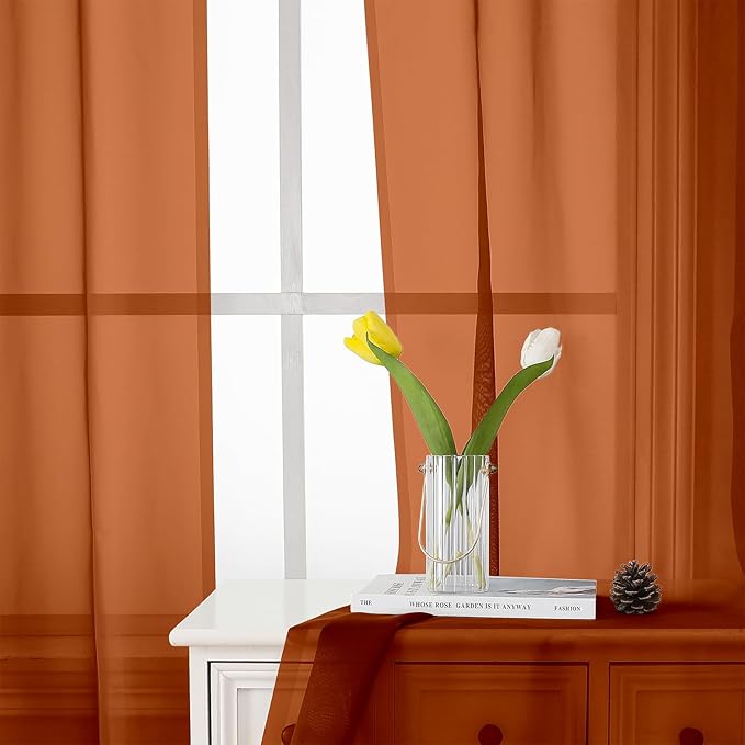 Lecloud Orange Sheer Curtains 72 Inches Long 2 Panels, Rod Pocket Voile Light Filtering Curtains for Door Window, Airy Sheer Drapes for Bedroom Living Room, Each Panel 42 X 72 Inch