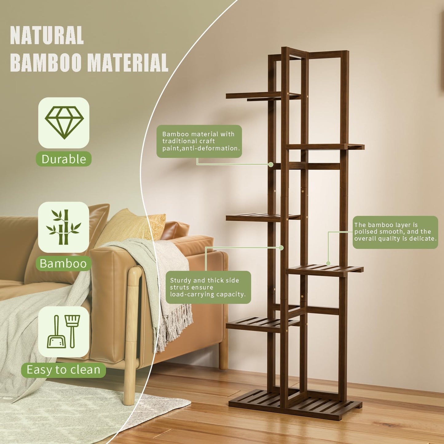 ROMGUAR CRAFT 6 Tier Bamboo Plant Stand Indoor, Wood Tall Flower Holder Corner Tiered Plant Shelf for Multiple Plants (Brown)