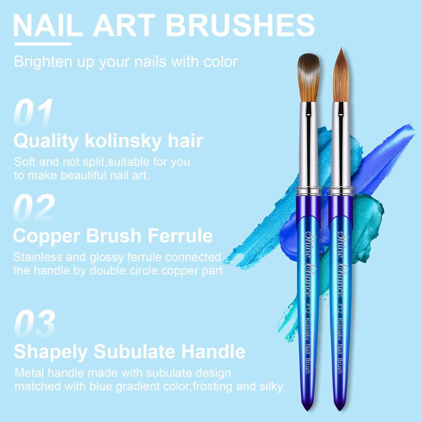 Shine Chance Acrylic Nail Brush - Size 12, 100% Pure Kolinsky Sable 3D Art Nail Brush & Application Tool - Gradient Blue Handle