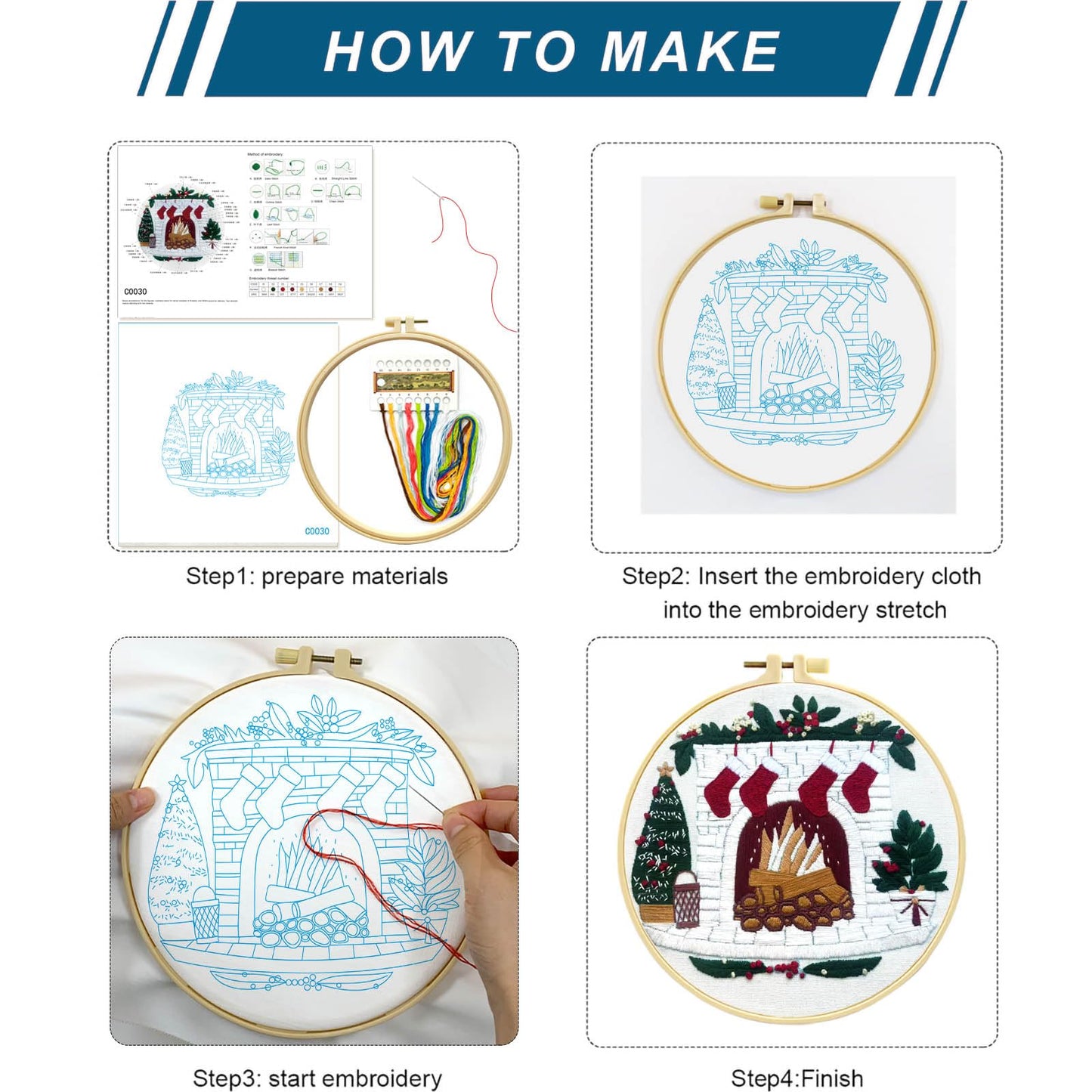 Zhenqing Christmas Embroidery Kit for Beginners - 4 Piece 29x29cm Round Designs with Embroidery Hoop, Threads & Tools (Snowy Cabin, Fireplace, Candy Cane, Holly)(C0066)
