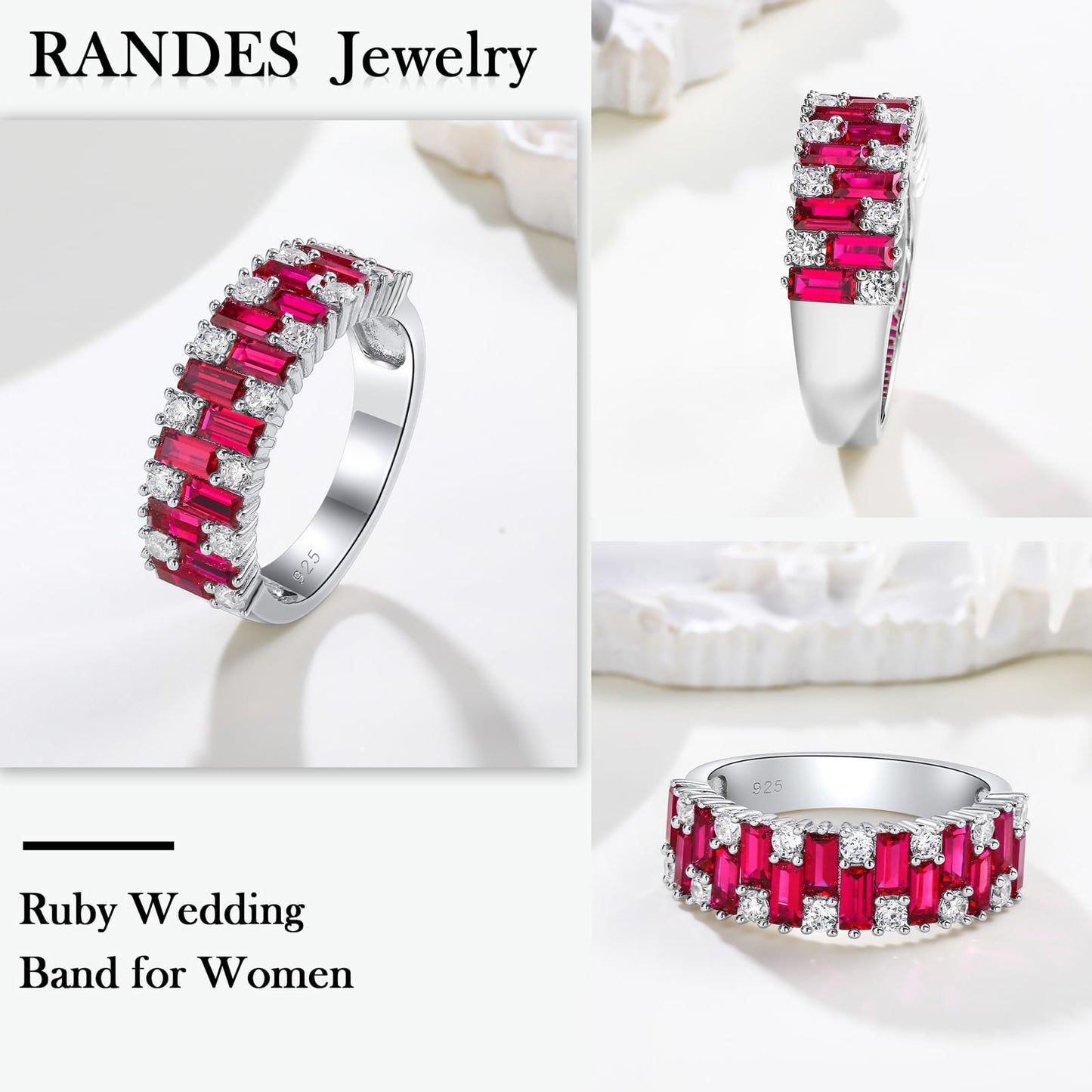 RANDES Cubic Zirconia Band Rings for Women 3 Carat Emerald Cut Engagement Ring Eternity Band Sterling Silver Ruby Ring Baguette Anniversary Rings Size 6
