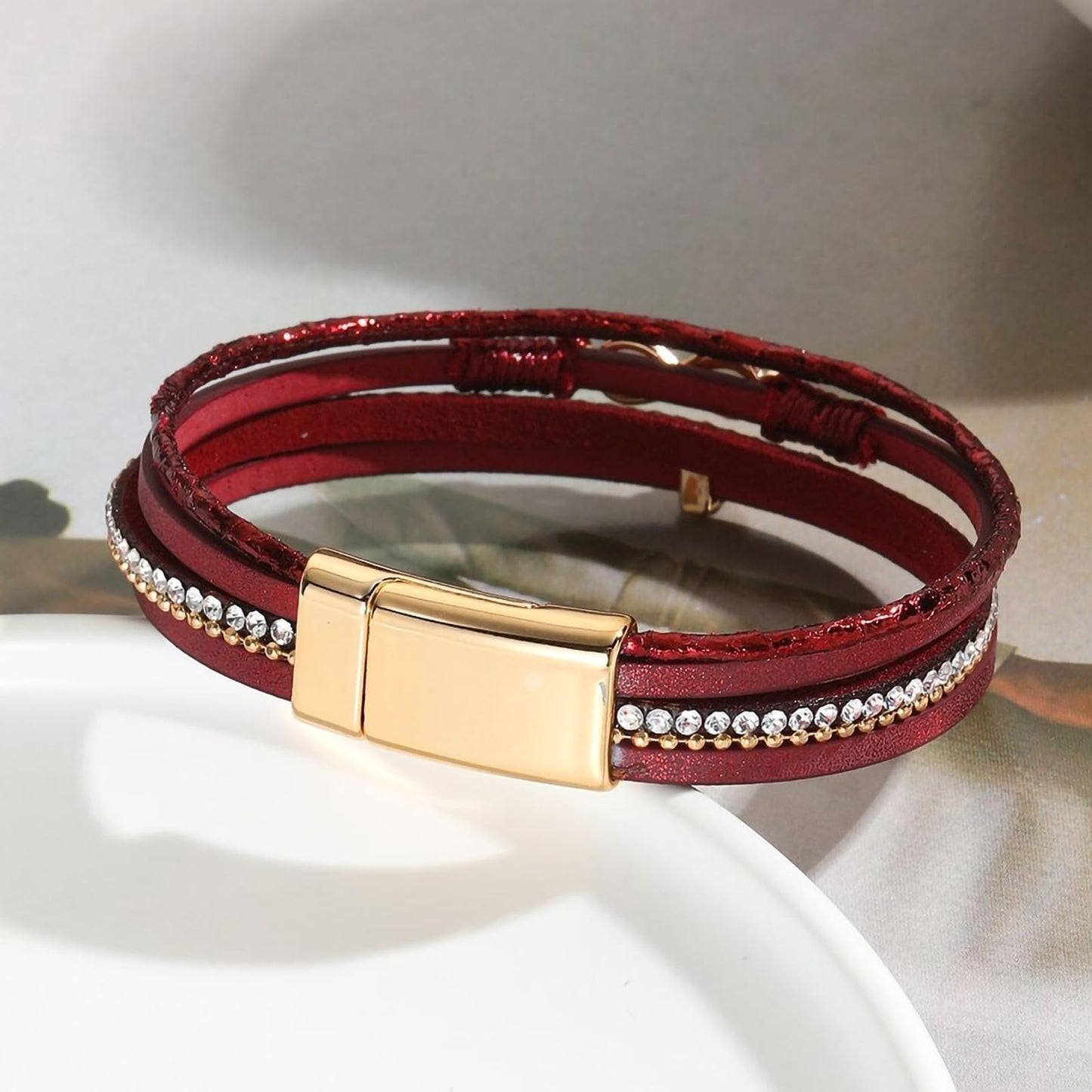 Leopard Bracelet for Women, Boho Leather Wrap Multi-Layer Pearl Crystal Bracelet Bangle Jewelry (Infinite(Red))