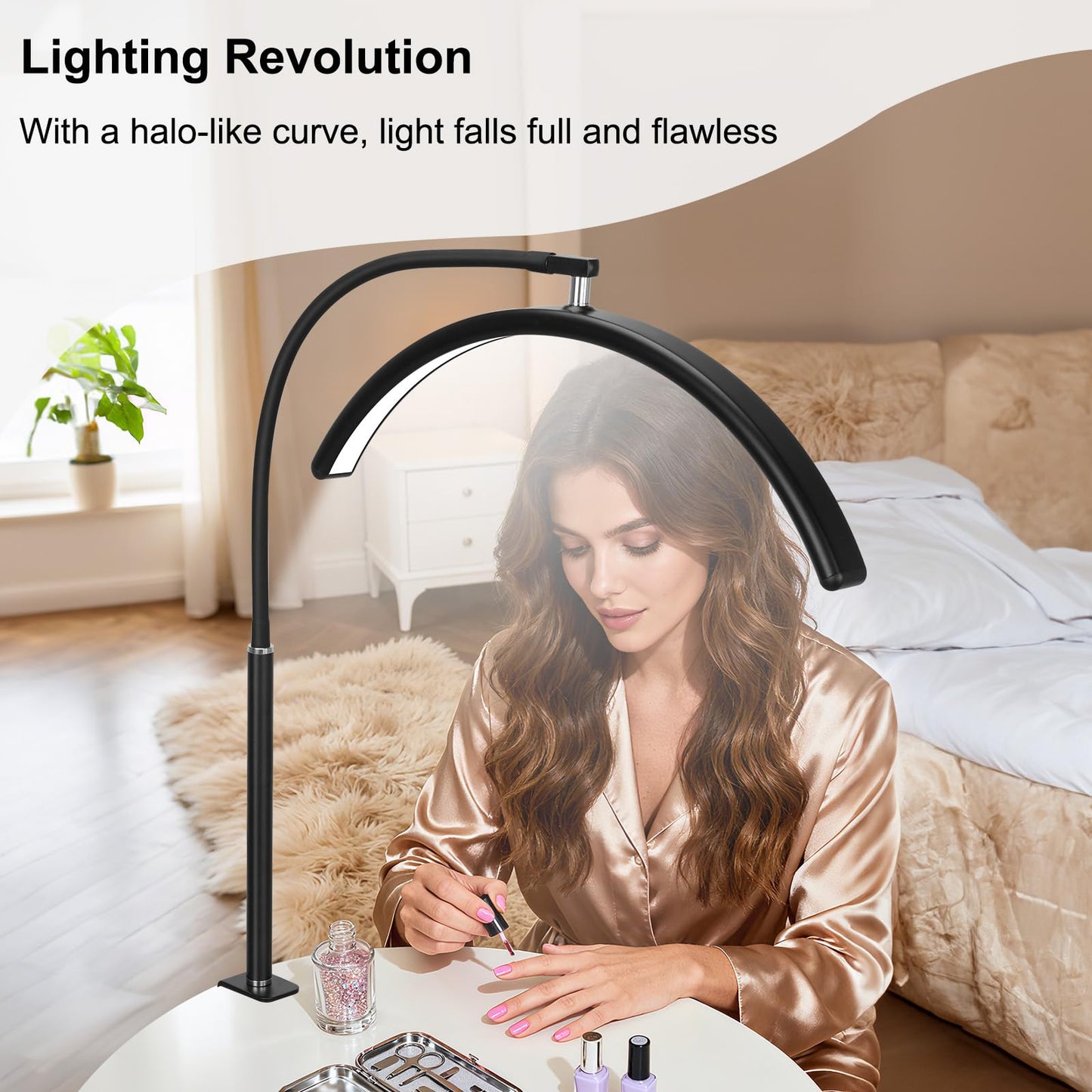 ZEKAHOV Professional Half Moon LED Desk Light for Nail Techs & Artists – Flexible Gooseneck Arch Table Lamp with Clamp, 5 Color Modes & 5 Brightness Levels for Manicure, Tattoo, Beauty Work
