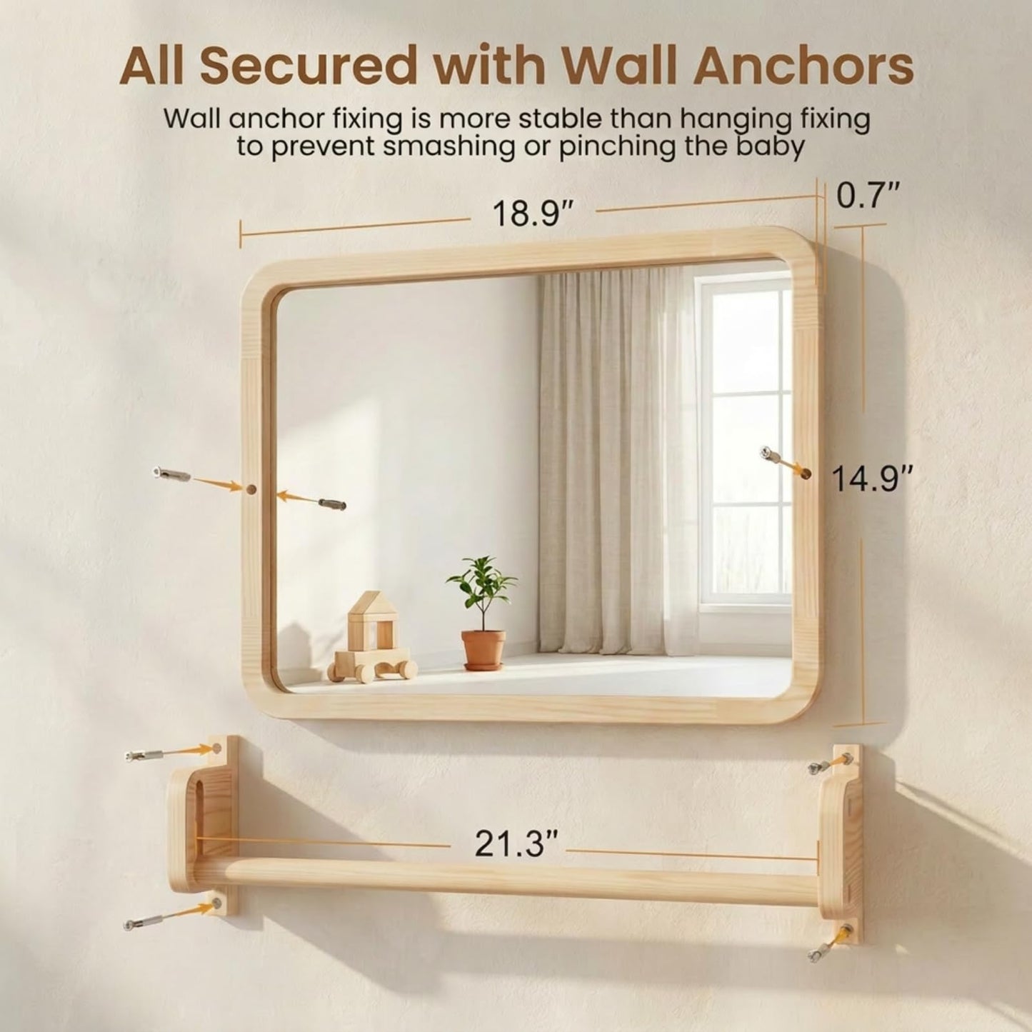 Woodtoe Montessori Mirror with Bar, Adjustable Baby Pull to Stand Toys, Natural Unpainted Solid Wood Frame & Baby Pull Up Bar, Infant Coordination Toddler Mirror, Developmental Toys for 6-18 Months