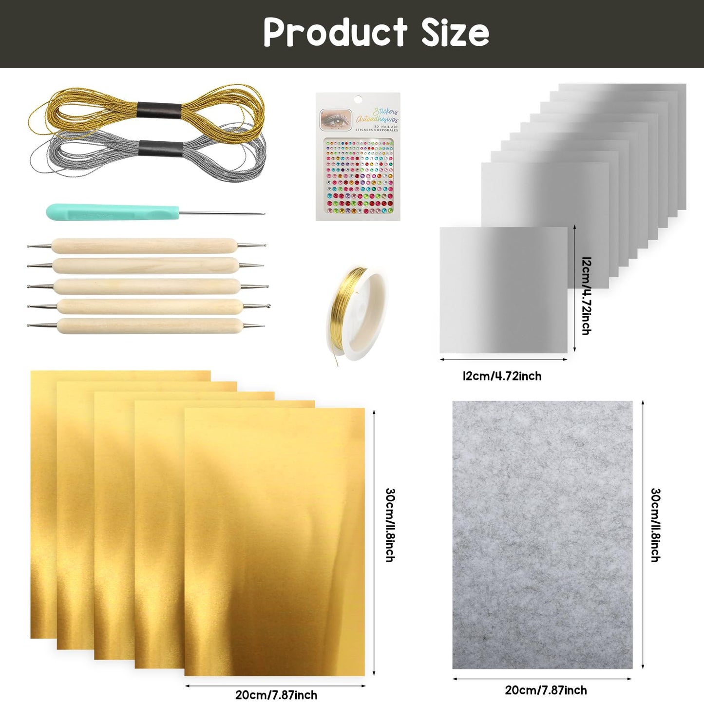 15PCS Gold Leaf Sheets Art Craft Kit, Gold & Silver Aluminum Sheets with Engraving Tools Copper Wire Pcsgem Stickers for Painting Gilding Crafting Decoration, 7.9 X 11.8 Inches (Gold)
