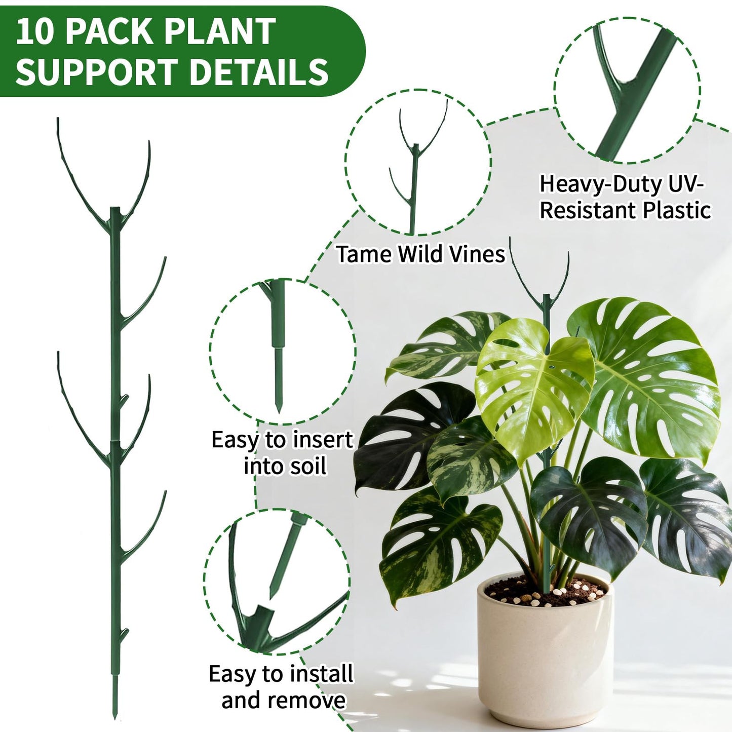 SHAOKAOLU 30Pcs Plant Stakes for Indoor Plants, Stackable Monstera Stake with Stem Supports & Garden Wire for Monstera, Pothos, Money Plant, Outdoor Plants