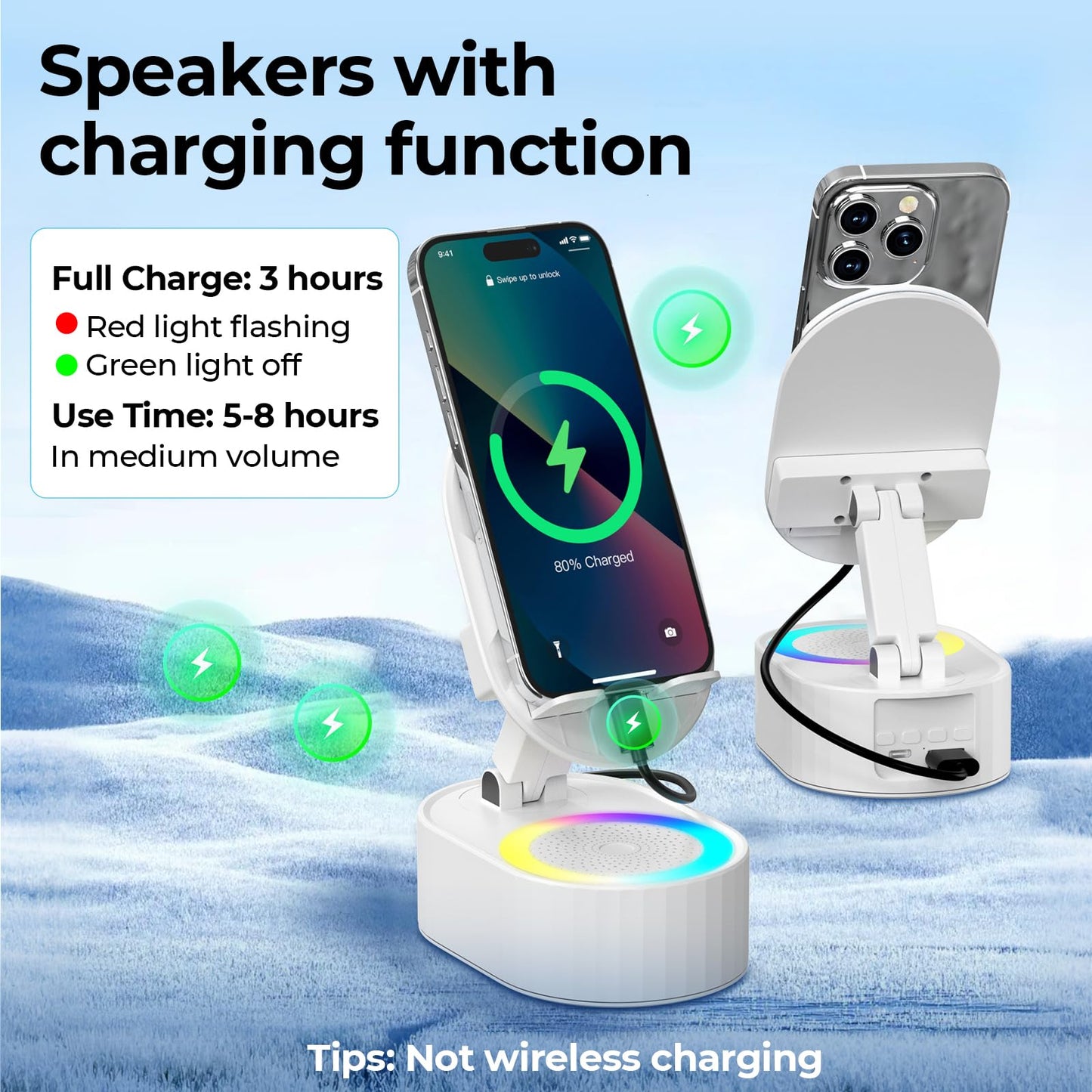 AKLLCCR Wireless Induction Audio Bluetooth Speaker 5in1 Phone Holder Emergency Rechargeable (3000mAh) with Colorful Ambient Light 300° Foldable for Tablet iPhone Android, Gifts for Men Women (White)