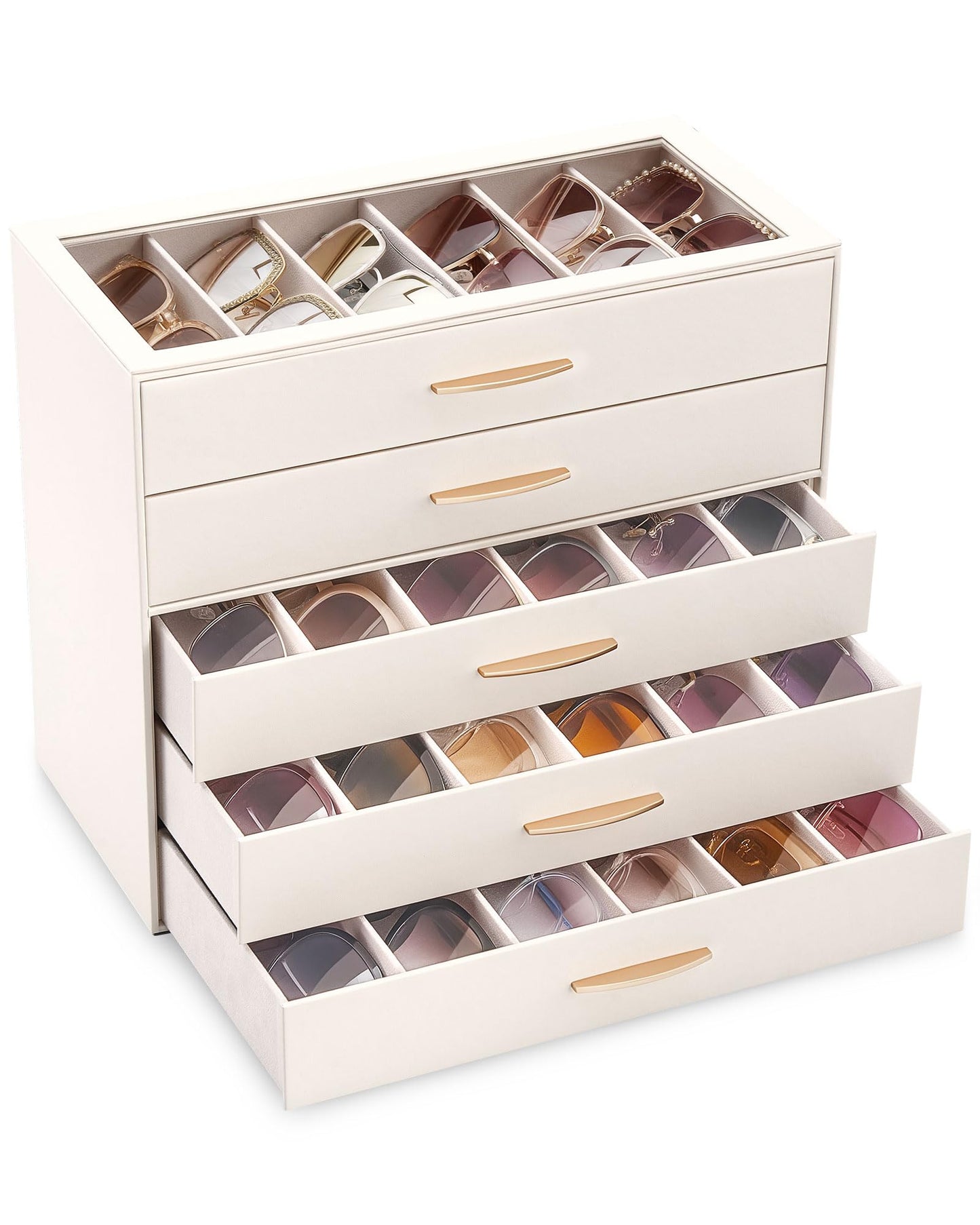 Lolalet 30 Slots Sunglasses Organizer Case for Women, 5-Layer Eyeglass Storage Holder Display Box with Clear Top Lid -Cream
