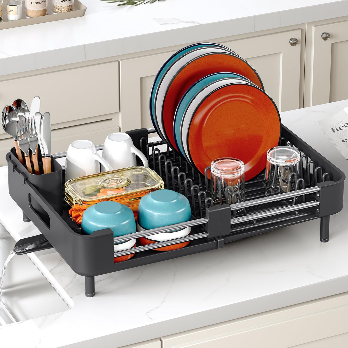 TOOLF Dish Drying Rack, Expandable Dish Rack for Kitchen Counter, Anti-Rust Dish Drainer, Sink Organization and Storage Essentials with Cutlery & Cup Holder, Black