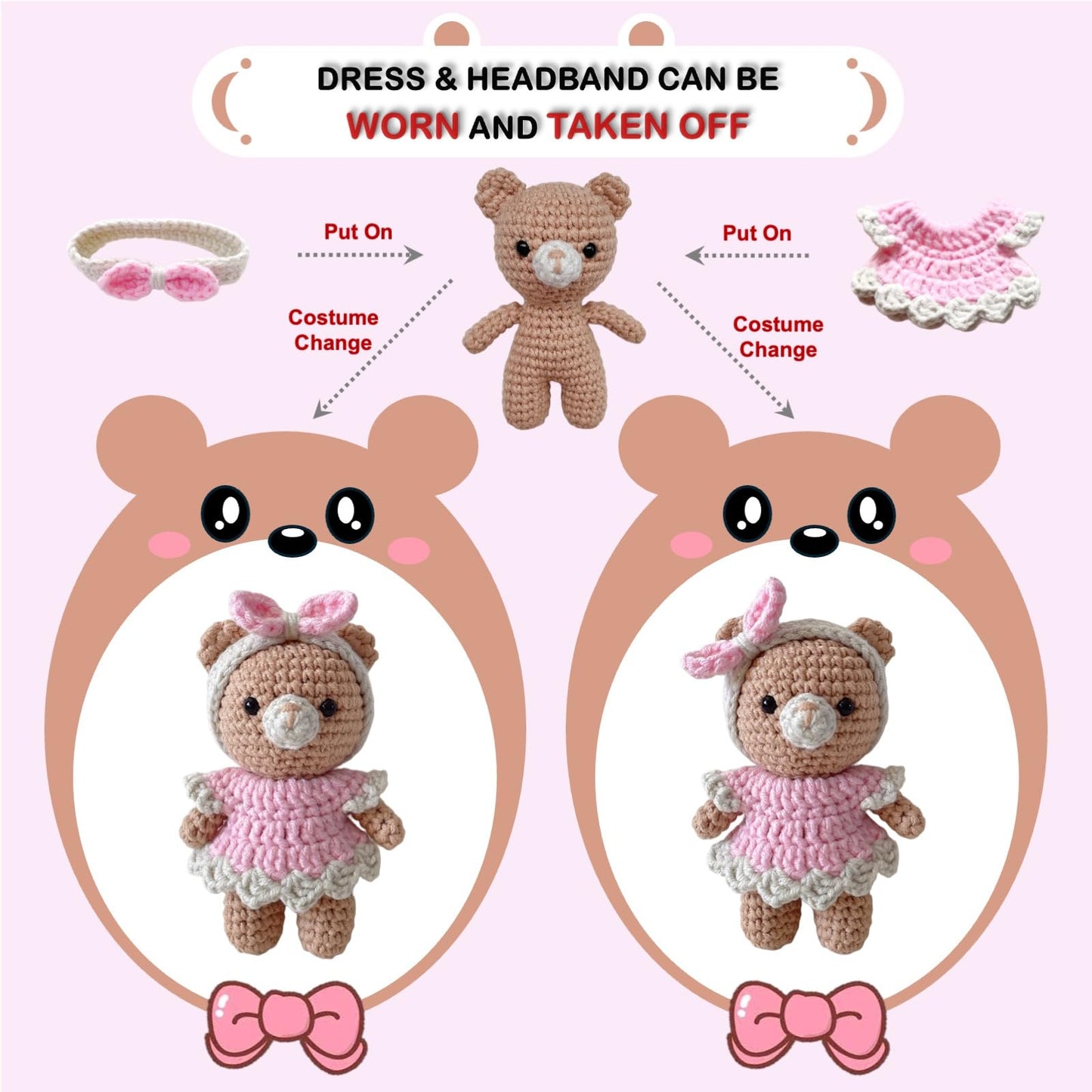 LoopMap Amigurumi Crochet Kit for Beginners with Removable Dress & Video Tutorials, DIY Bear Making Kit Includes Premium Yarn & Tools, Creative Gift for Adults Teens (Pink)
