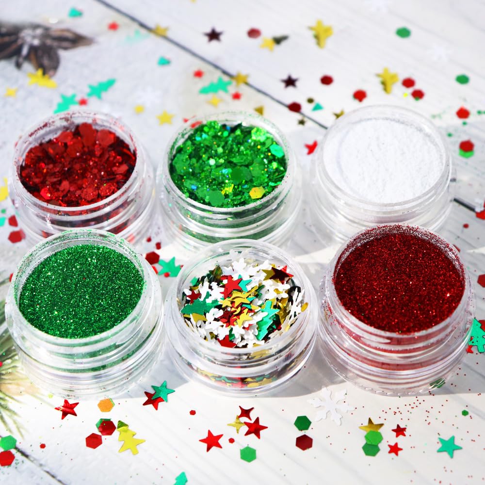 LPOODDNU Winter Nail Art Decorations: Flakes 3D White Snowflake Nail Decals, Green Red Designs, Holographic Christmas Glitters