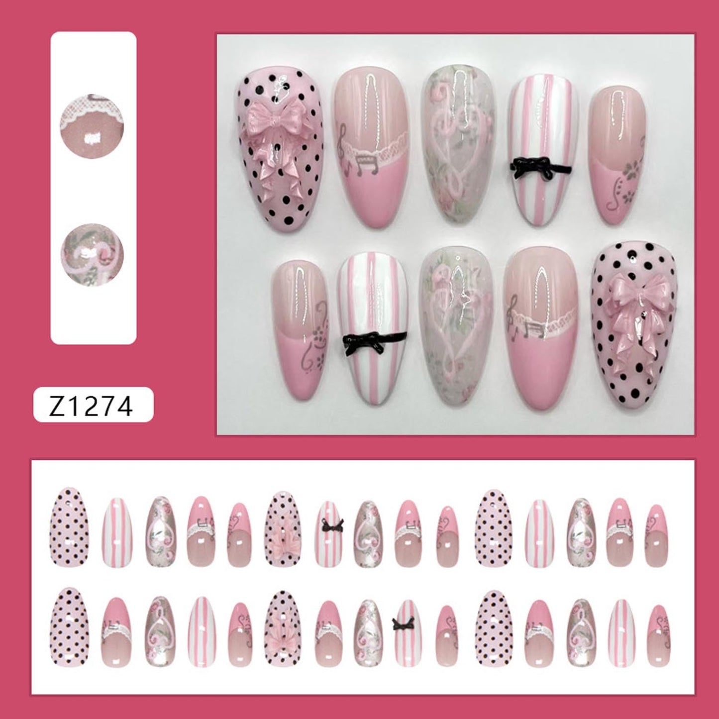 30Pcs Press on Nails Medium Almond Fake Nails with lace, Musical Note, Vine, Bow, Polka Dot Pattern Glossy Cute Bows Gradient Stick on Nails Sweet False Nails Full Cover Artificial Nails for Women