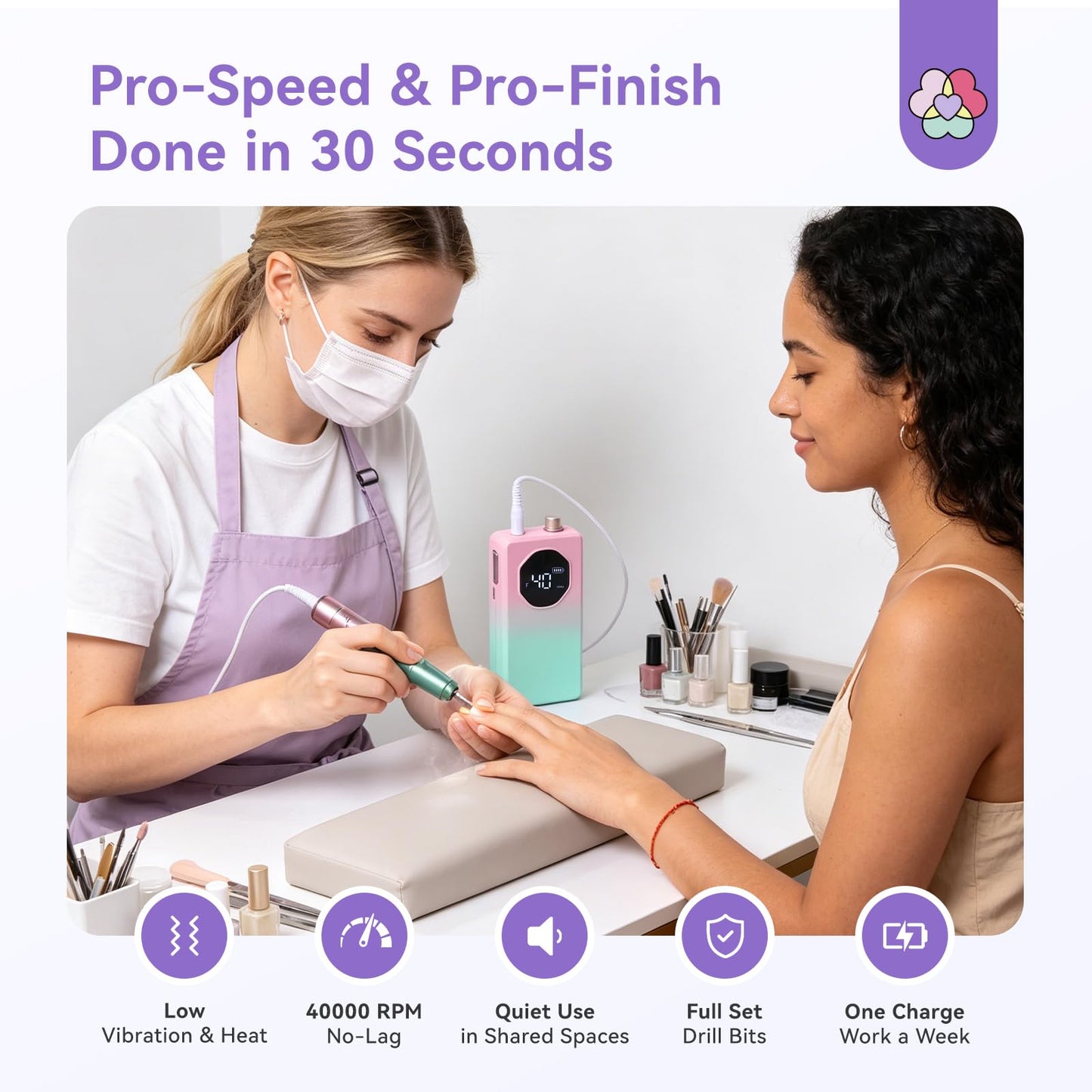 SAVILAND 40000RPM Professional Nail Drill: 30S Quick Removal 2026 Electric Nail File Low Noise Nail Filer Electric with All Purpose Drill Bits for Acrylic Nail Removal Nail Prep Salon Personal Use