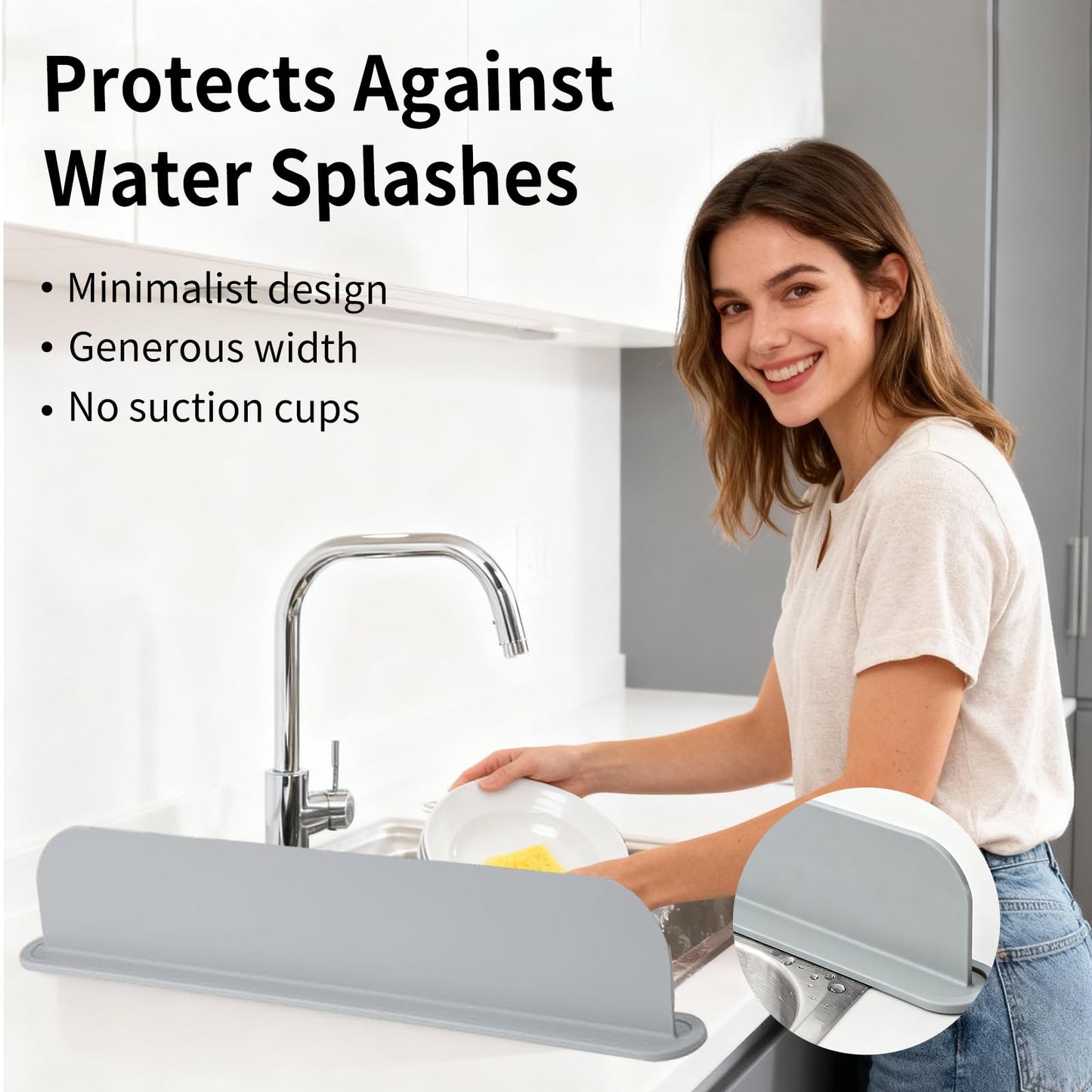 19.2inch(49cm) Silicone Sink Splash Guard, Sink Splash Guard with Suction Cup,Kitchen Sink Water Splash Guard, Kitchen Sink Splash Guard that Can Be Placed Behind (1, Gray)