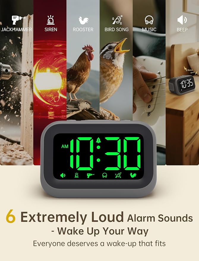Acedeck Super Loud Alarm Clock: 115dB Wake-Up Power | Dual Alarms and 6 Alarm Sounds for Heavy Sleepers Adults and Shift Workers - Bedroom and Daily Wake-Up Use (Green Digits)