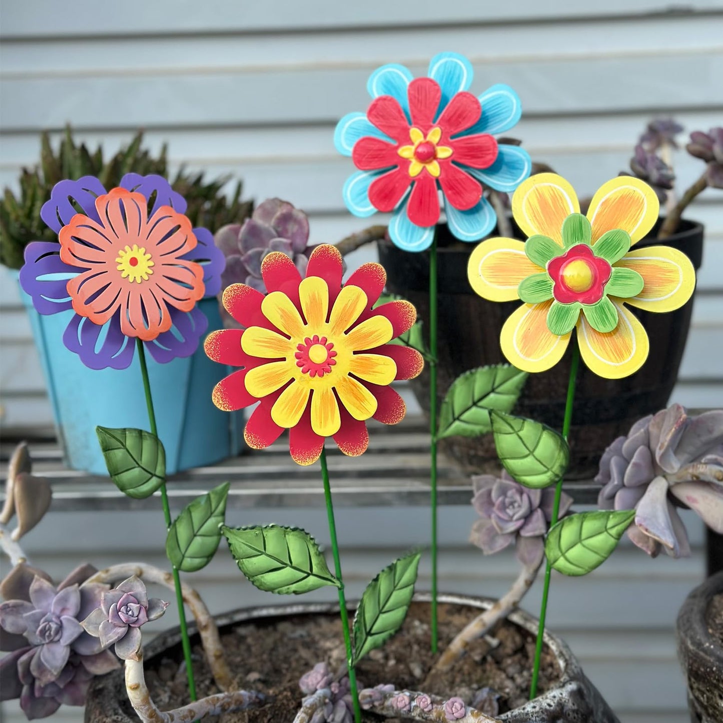 HUTHDAK Metal Flowers for Outside,4 Pack 16.33" Decorative Garden Stakes with Swaying Flowers Head Yard Art,Spring Garden Decor for Lawn, Pathway & Yard