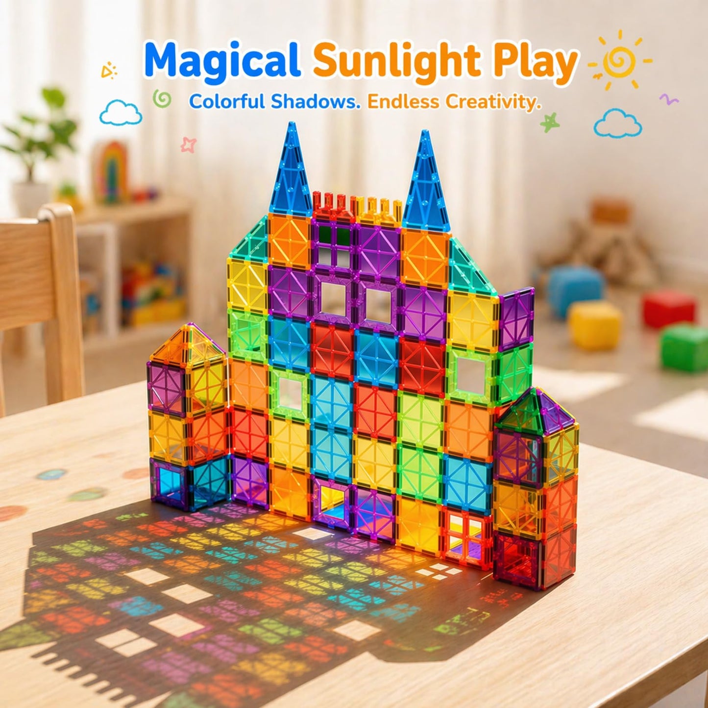 AFUNX Magnetic Tiles,102PCS Magnetic Building Blocks 3D Clear Construction Playboards, Inspiration, Creativity Beyond Imagination, Educational Magnet Toy Set for Kids with 2 Cars