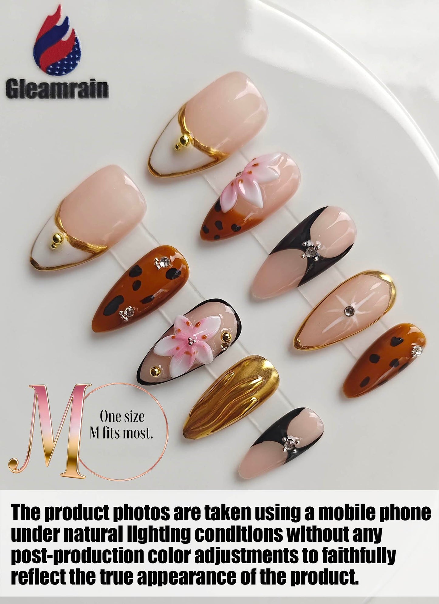 Gleamrain Handmade Press on Nails Almond Shape M Size/Gleamrain Luxury Medium Hand Made Nails with Design for Women 10Pcs by P06