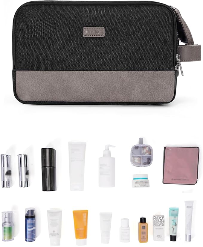 WANDF Toiletry Bag for Men Travel Toiletry Organizer Canvas and Leather Dopp Kit Water-Resistant Shaving Bag for Travel Accessories (Black, Medium)