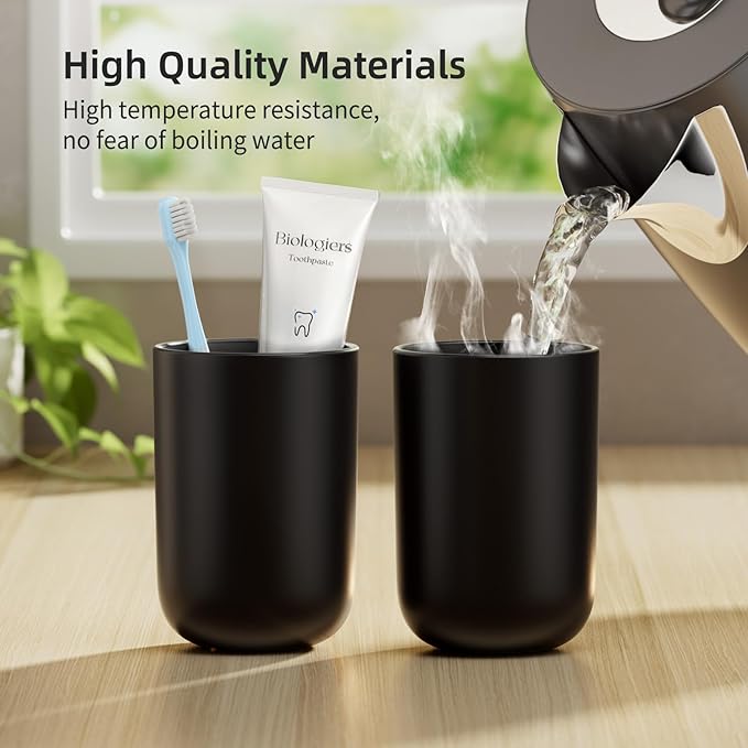 MOPMS Toothbrush Cup 13oz 380ml, Unbreakable Reusable Bathroom Tumbler 2Pcs, Non-Slip Plastic Bathroom Cup Toothbrush Holders for Bathroom, Black