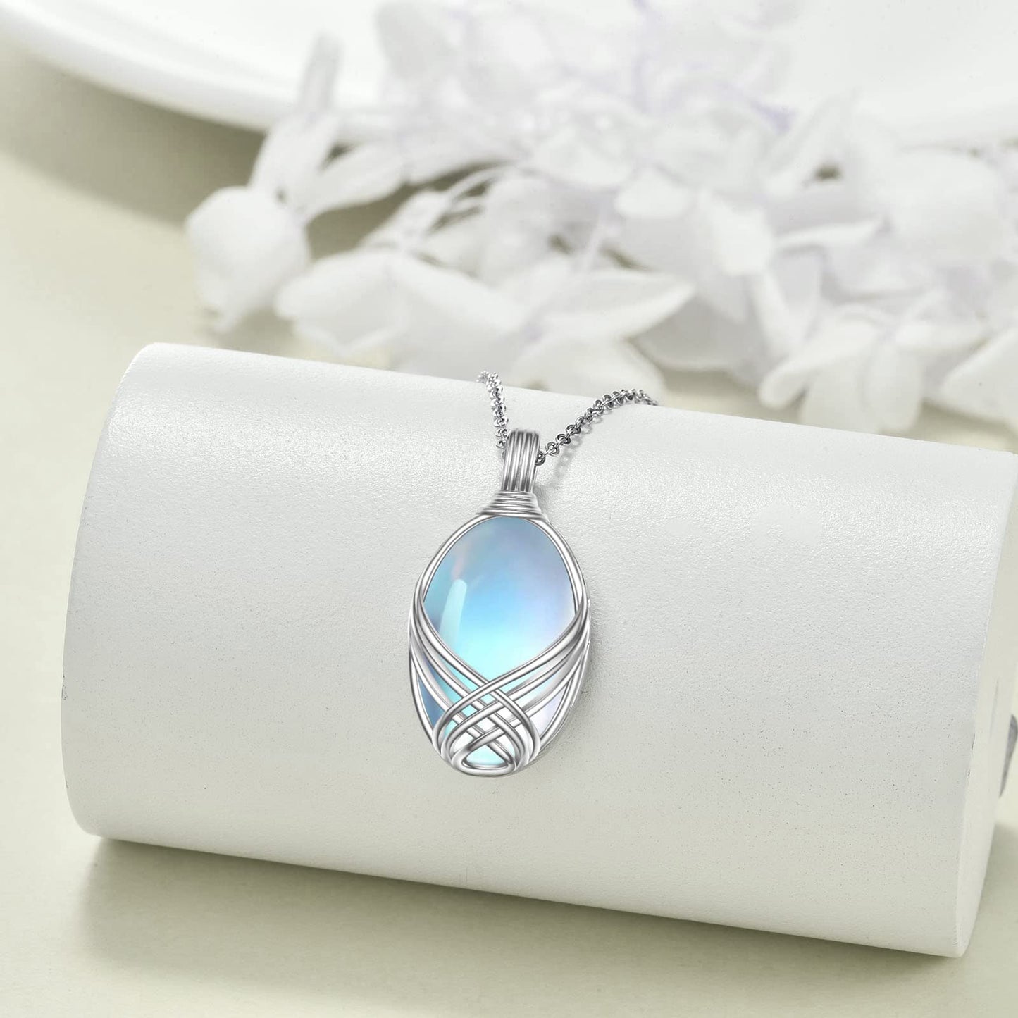 YAFEINI 925 Sterling Silver Moonstone Necklace Filigree Teardrop Pendant Necklace Jewelry for Women(E-Oval Moonstone Necklace)