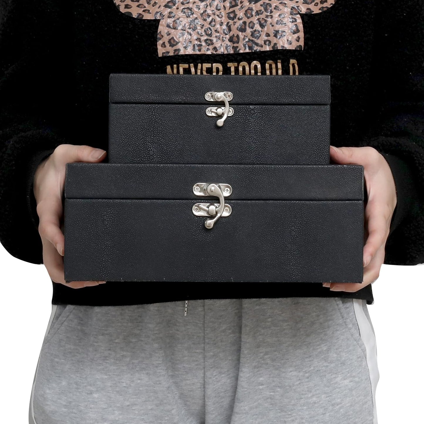 DECOR4SEASON Faux Shagreen Leather Decorative Storage Boxes Set of 2, Black