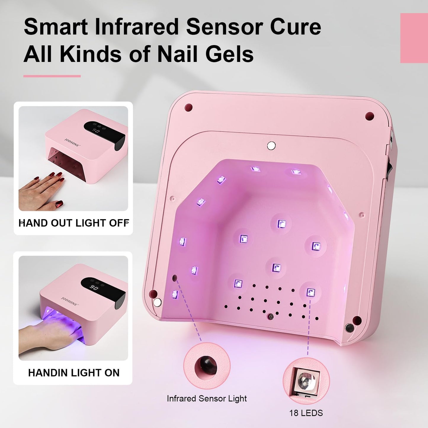 JODSONE U V Nail Lamp Rechargeable Portable with 3 Timers and LCD Display Screen for Cordless Nail Dryer Gel Pink