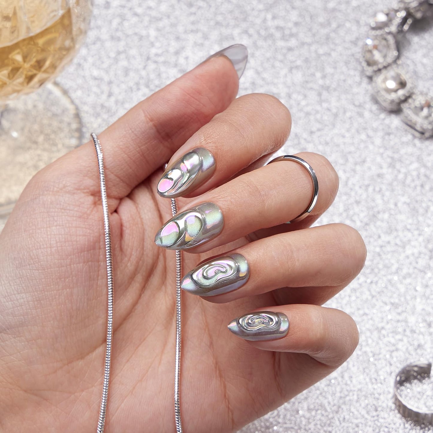 VSALON Press on Nails Short Almond - Chrome Silver Cat Eye 3D Swirl Design Fake Nails Kit for Women, Reusable Salon Quality Spring Summer Glue on Nails - 32 PCS Stick on Nails in 16 Sizes with Glue