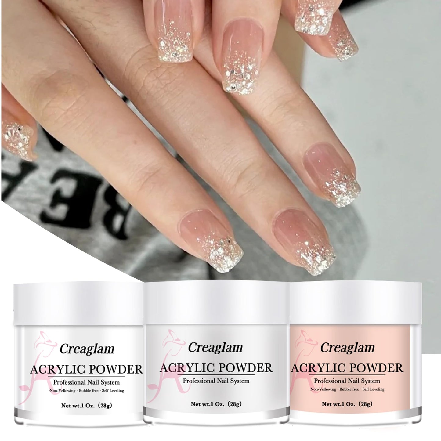 Creaglam Acrylic Nail Kit for Beginners: 3 Colors 28g Nude Clear White Acrylic Nail Powder Professional Gel Glue - 1Oz Large Capacity Acrylic False Set witn 60ml Liquid and Brush Nail Forms Tools