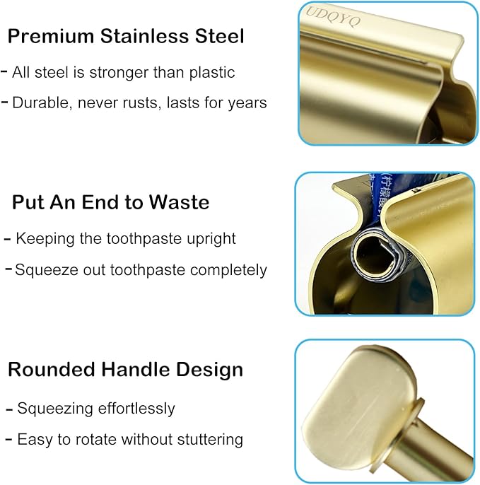 Toothpaste Squeezer - Metal Tube Squeezer Stainless Steel Tube Wringer UDQYQ Toothpaste seat Holder Stand (Matt Gold)