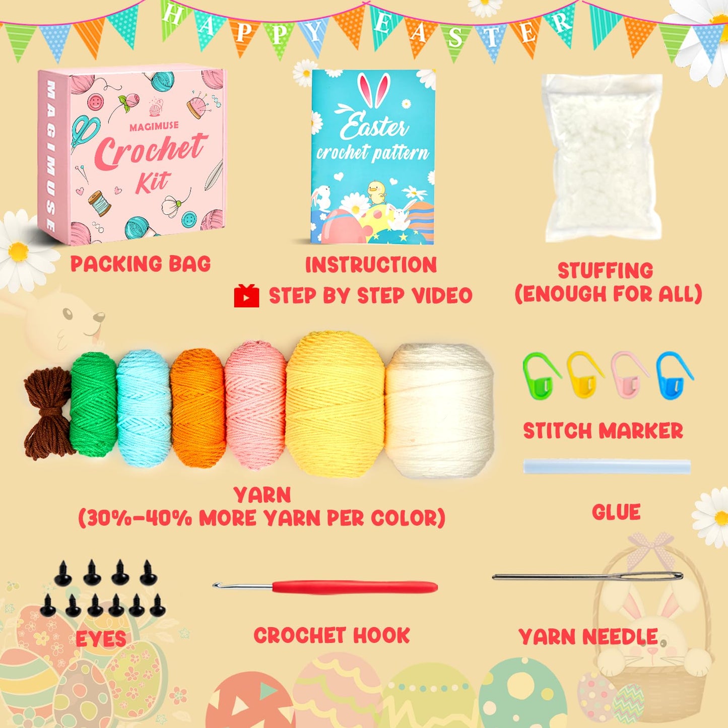 MAGIMUSE Crochet Kit for Beginners, Crochet Starter Kits for Adults Amigurumi Craft Knitting Crochet Animals Kits w Step-by-Step Video Tutorials, Easter Bunny/Chick/Eggs(40%+ Yarn)