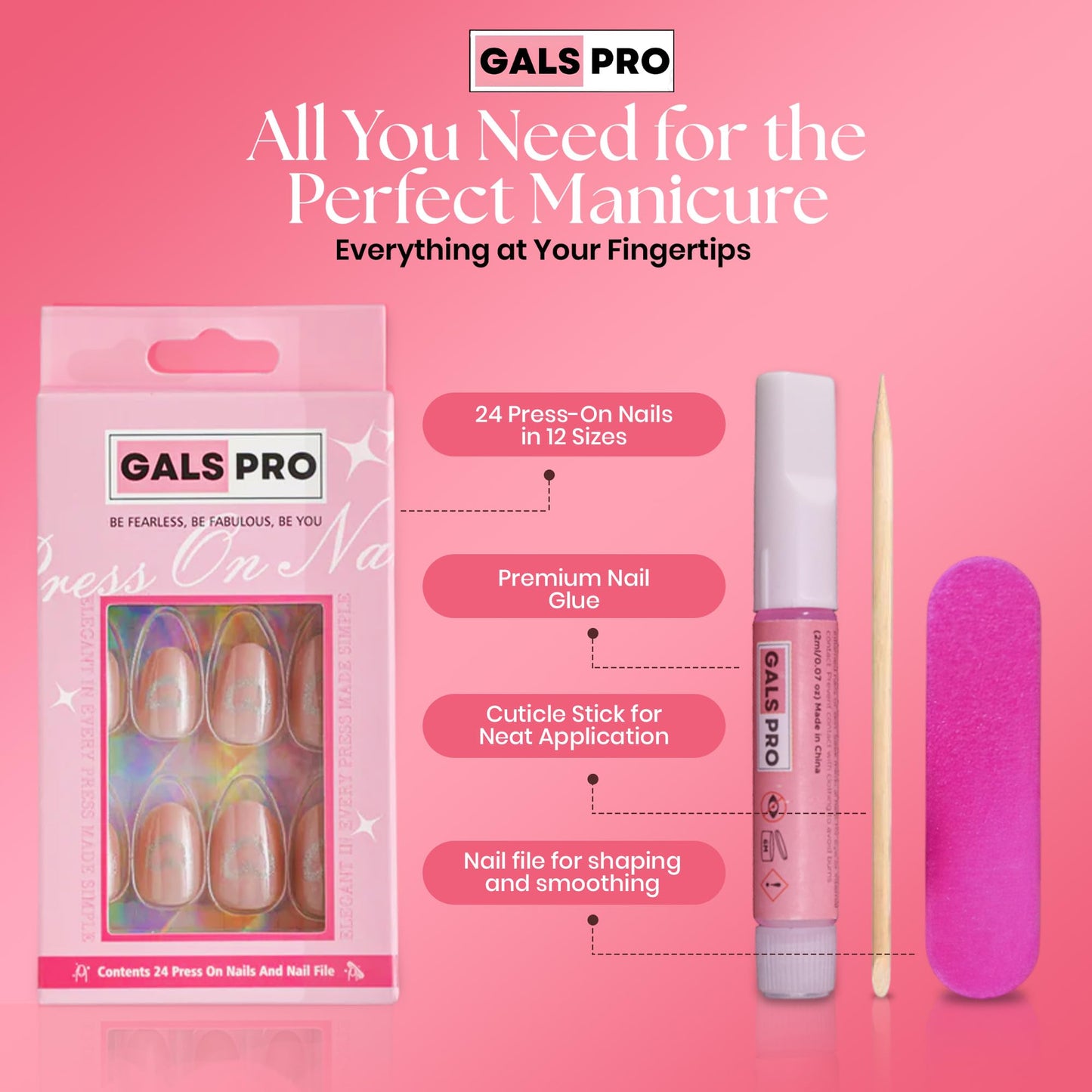 GALSPRO Short Press on Nails - Set of 24 Fake Nails with Designs in 12 Different Sizes for Perfect Fit, Cute False Nails Kit for Women with 0.07oz Nail Glue (LOVE IN BLOOM OVAL SHAPE, Short)