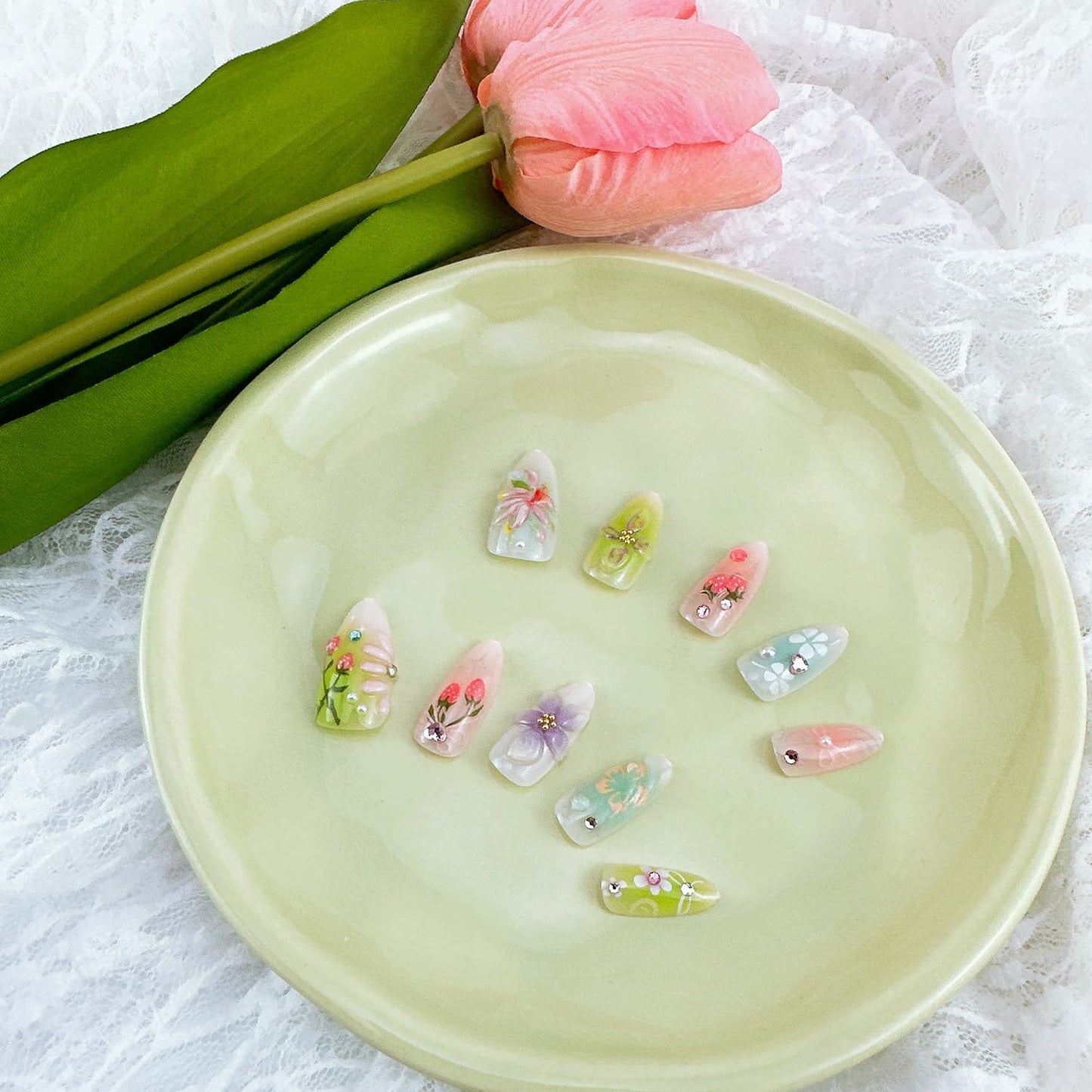 30Pcs 3D Flower Press on Nails Medium Almond Fake Nails with Pearl Rhinestones Designs Fill Cover Glue on Nails Cute Strawberry Acrylic Nails Pink Bow False Nails Star Floral Stick on Nails for Women