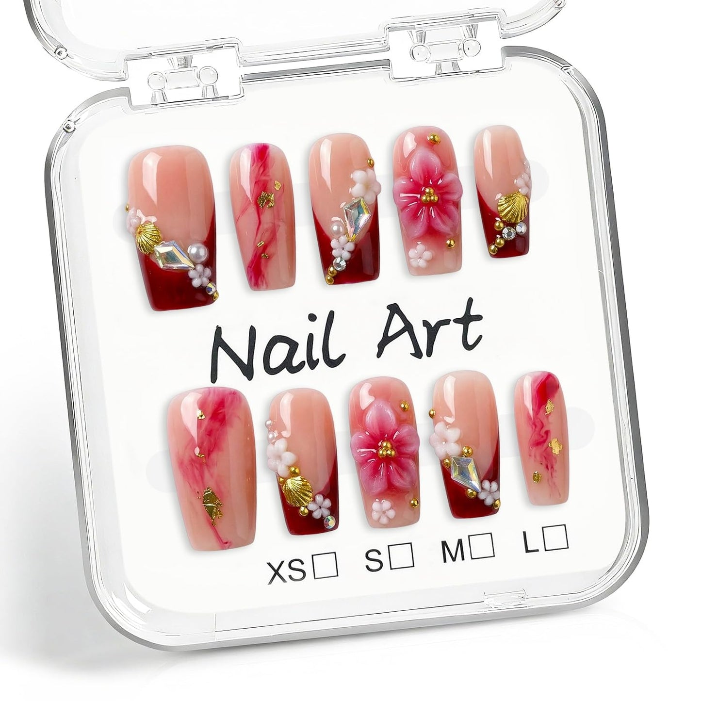 Luxury Press on Nails Medium Square Handmade 3D Unique Flower & Rhinestone Reusable Fake Nails Red French Tip False Nails with Shell Designs Glossy Thick Acrylic Nail for Women (S)
