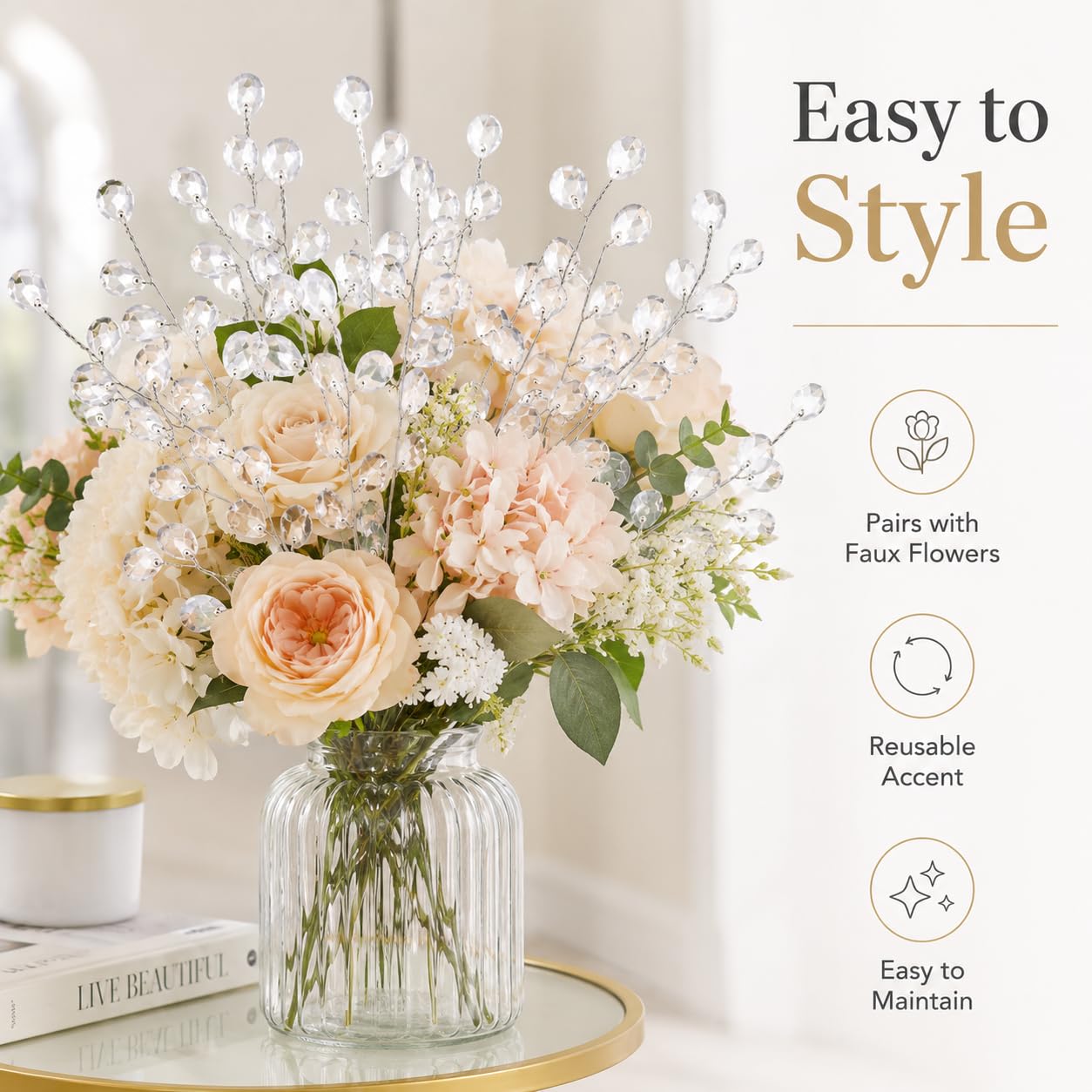 IMIKEYA 50PCS Acrylic Bead Drop Stems Crystal Floral Picks - Clear Crystal Flower Branches Bead Drop Bouquets Flower Twig Picks for Wedding Party Home Decoration Crafts