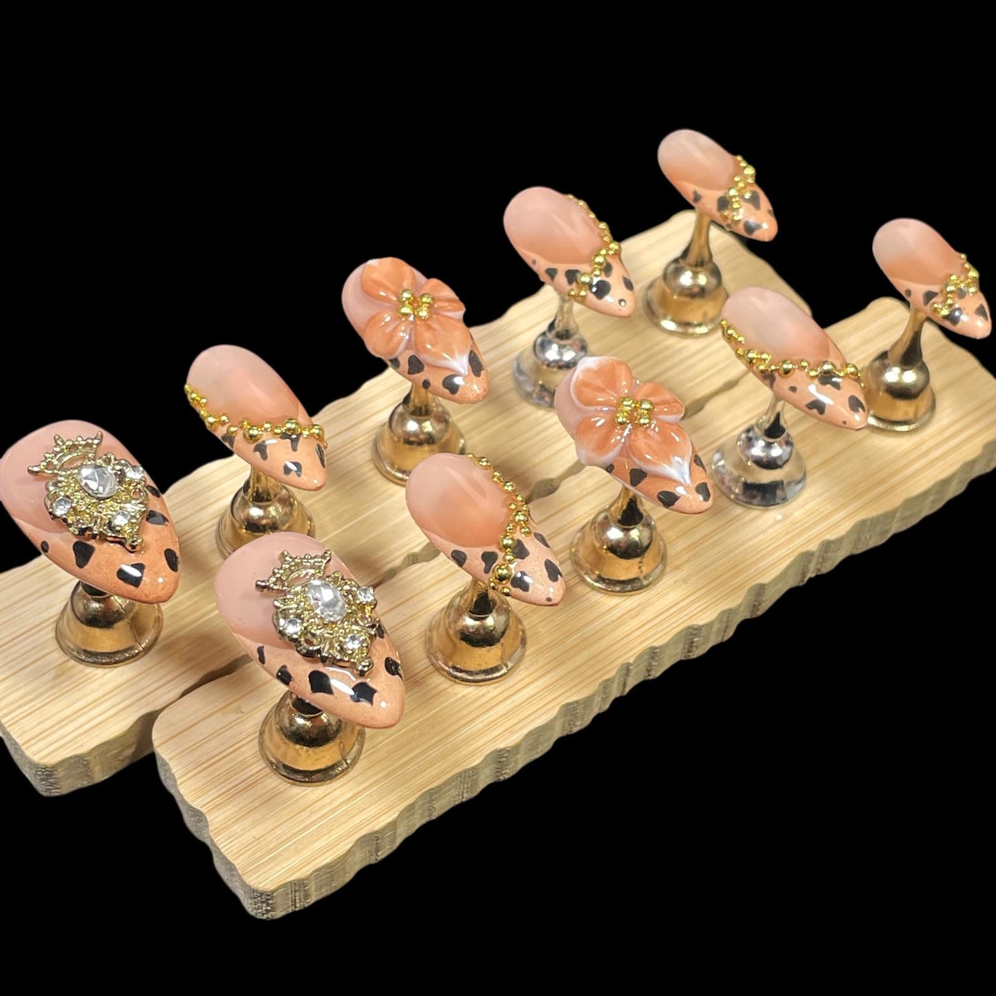 Handmade Press on Nails 3D Flower, Almond Shape, Gold Crown Jewels, Leopard Print Design, Luxury Reusable Acrylic False Nails (Gold Crown, S)