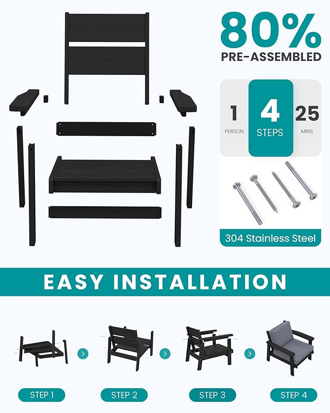 SERWALL HDPE Outdoor Furniture Set, 7 Piece All Weather Wood-Like Outdoor Sofa Sectional Couch, Black Patio Furniture Set with Grey Cushions