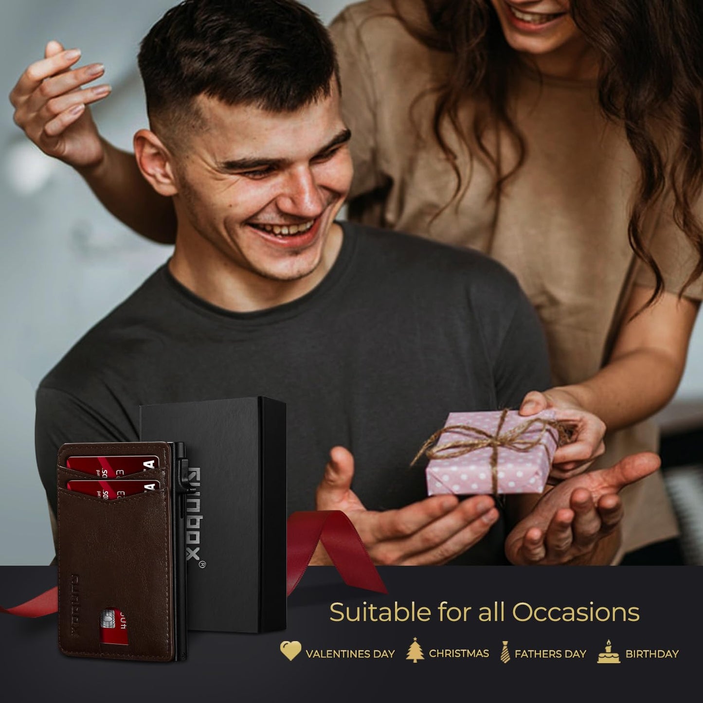 RUNBOX Slim Card Wallet for Men with ID Window – Minimalist RFID Wallet, Pop-Up Function, Ultra Thin Design, Metal Business Card Case Holds 8+ Cards, Gifts for Men, Men's Accessories