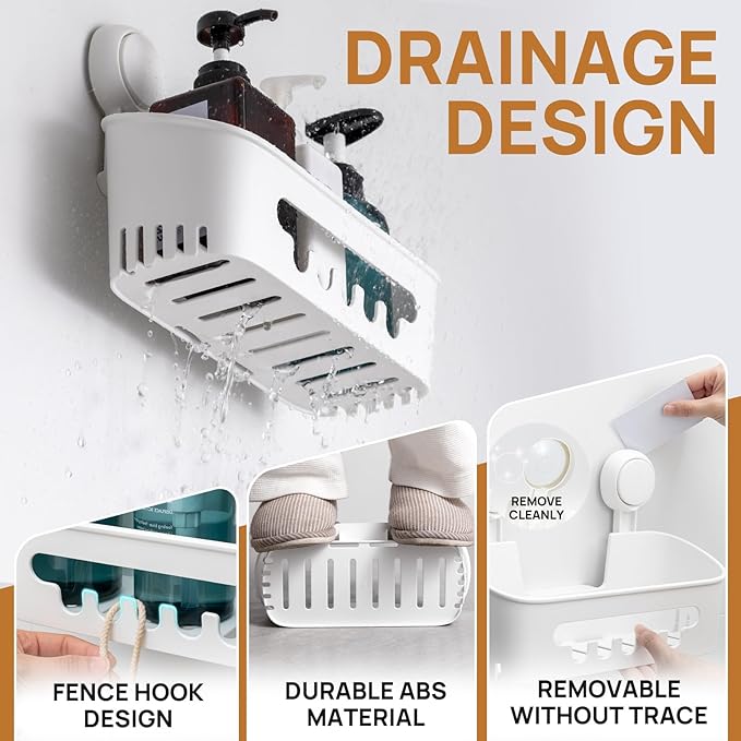 LEVERLOC Shower Caddy Suction Cup 2 Pack, Shower Organizer Removable Bathroom Shelf, Storage Suction Powerful Max Hold 22lbs Bathroom Caddy Waterproof Holder, White