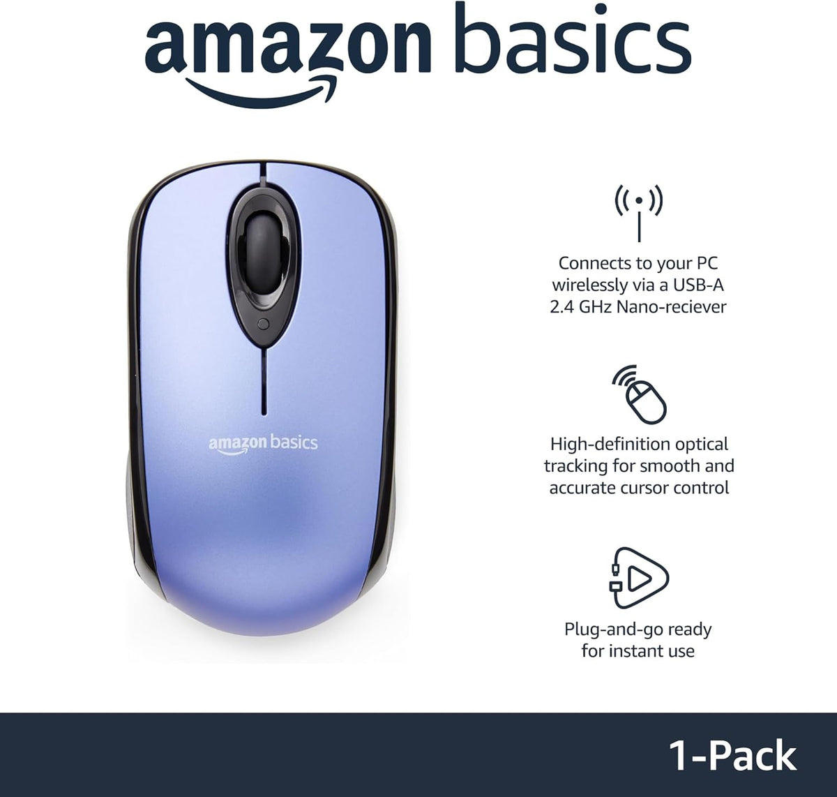 Amazon Basics 2.4 Ghz Wireless Optical Computer Mouse with USB Nano Receiver, Blue